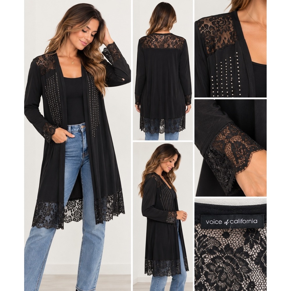 Voice of California Black Lace Studded Open Front Longline Cardigan XL V15548C